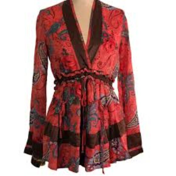 Johnny Was Effortless Scarf Blouse Red Orange Paisley Print Bohemian XL - Picture 1 of 7